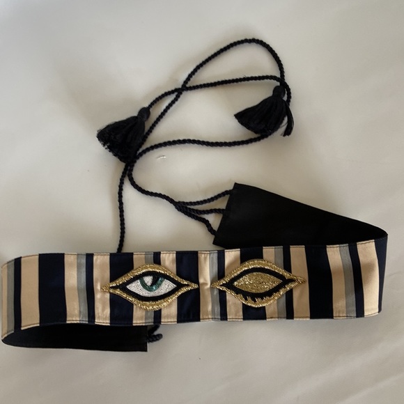 Figue Silk Beaded Wink Eye Tie Belt Black Beige Blue Stripe Rope Tie 3” width - Picture 7 of 7